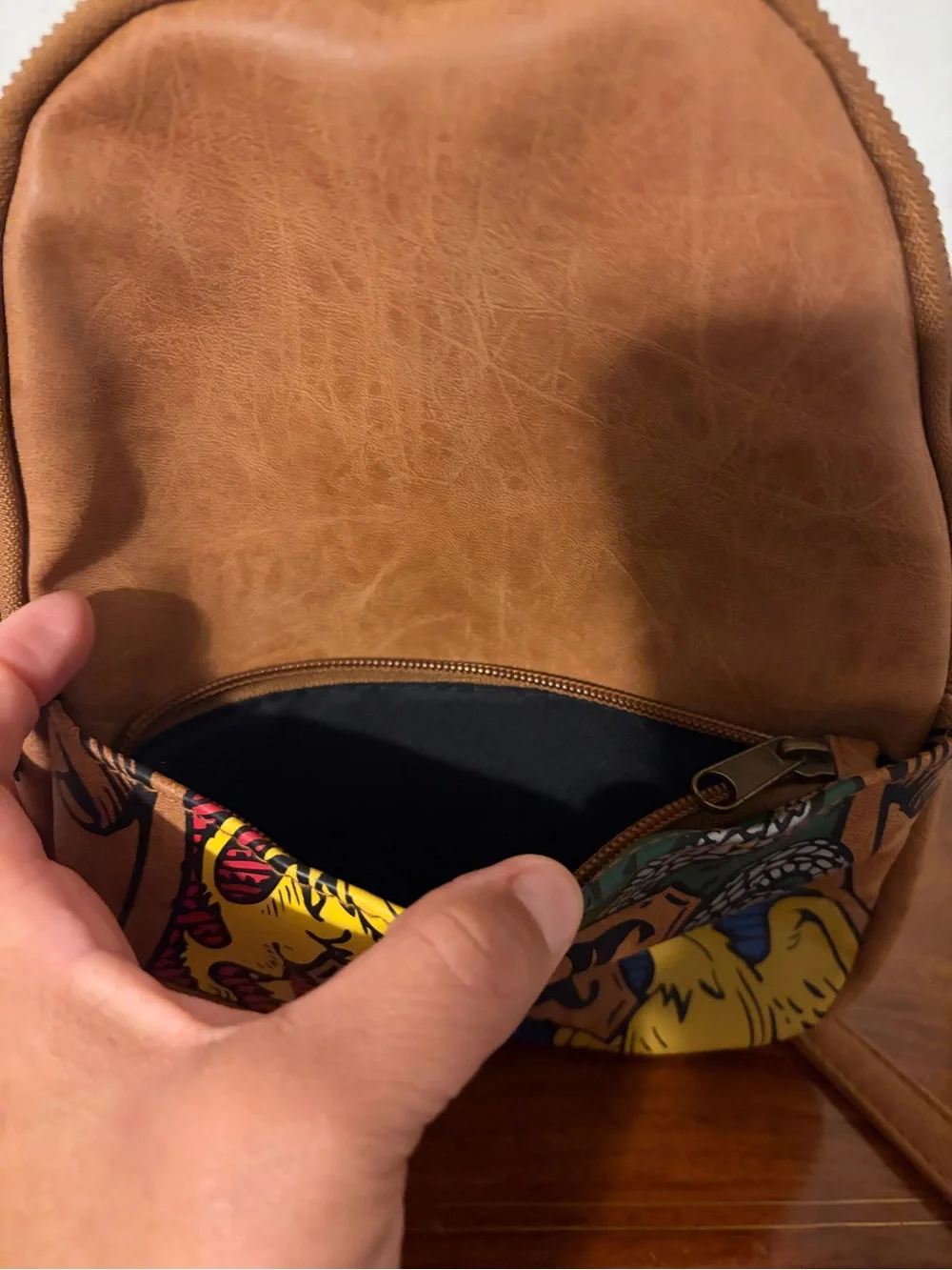 Kids Tan Leather Mini Backpack with Colorful Heraldic Front Panel
